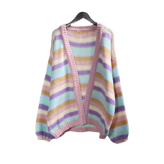 Colorful Striped Women Knitted Cardigan Outerwear