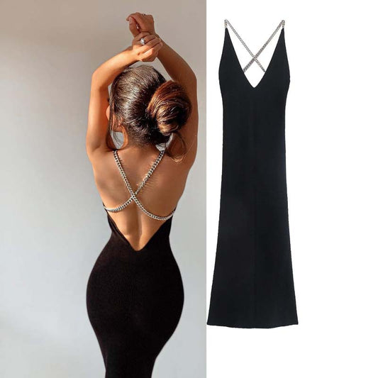 Sexy Black Backless Knitting Crossed Chains Women Dresses