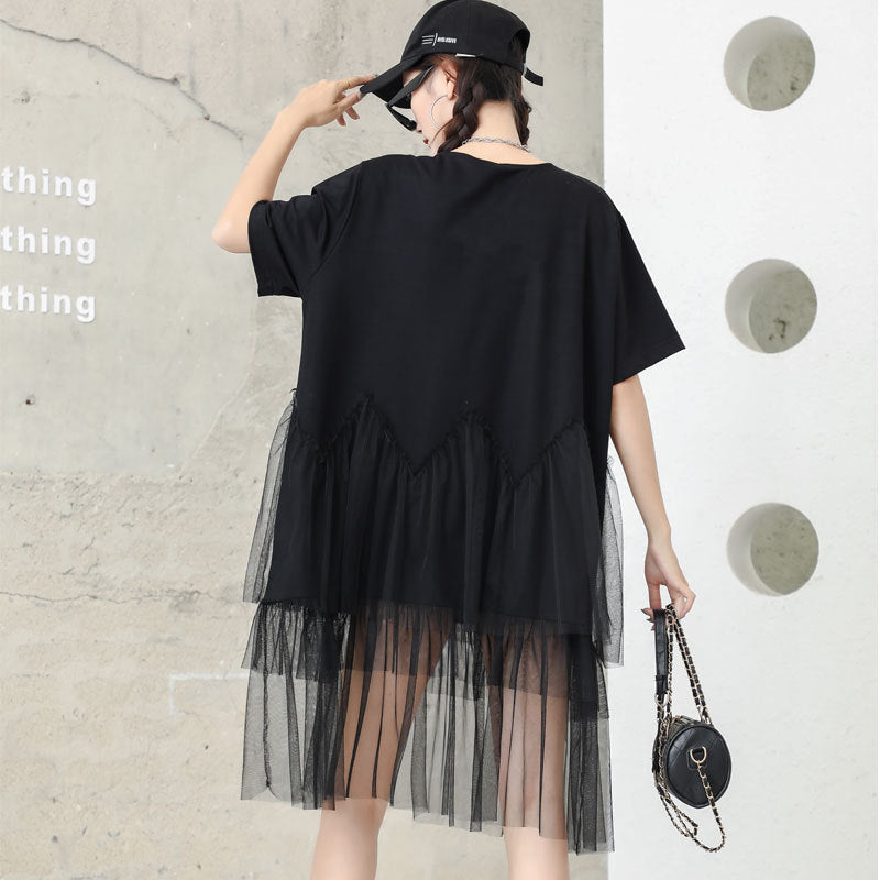 Cat Designed Tulle Loose Summer Black Midi Dresses