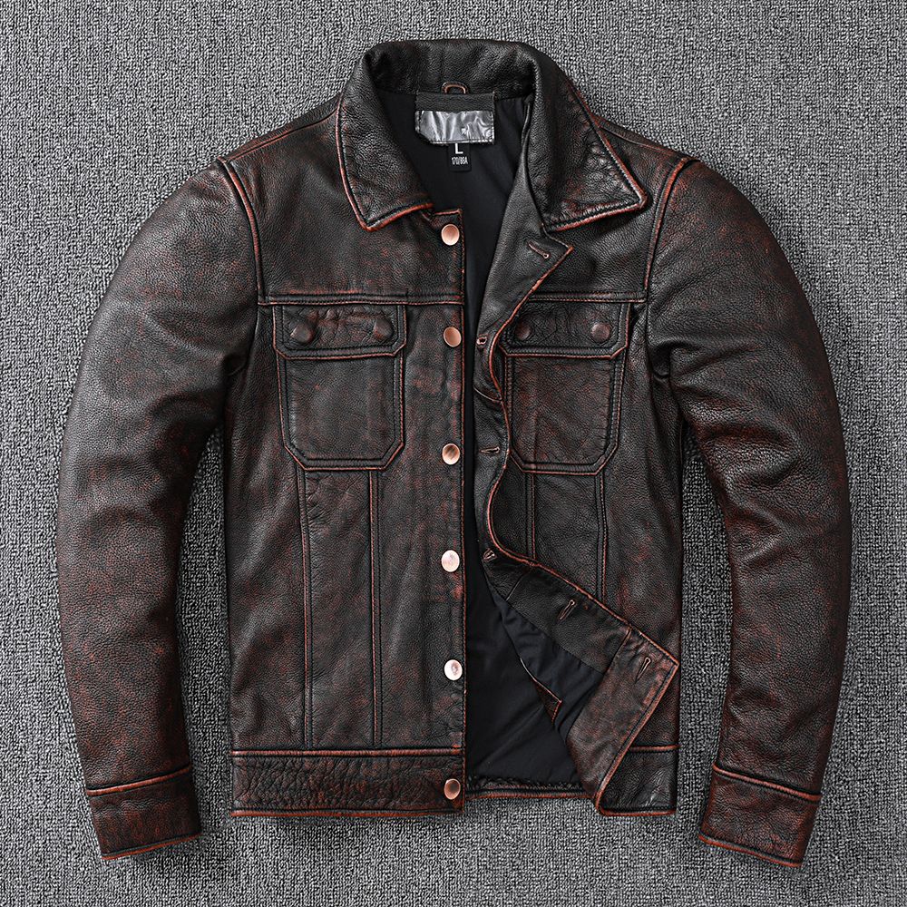 Vintage Cowhide Leather Overcoats Jackets for Men