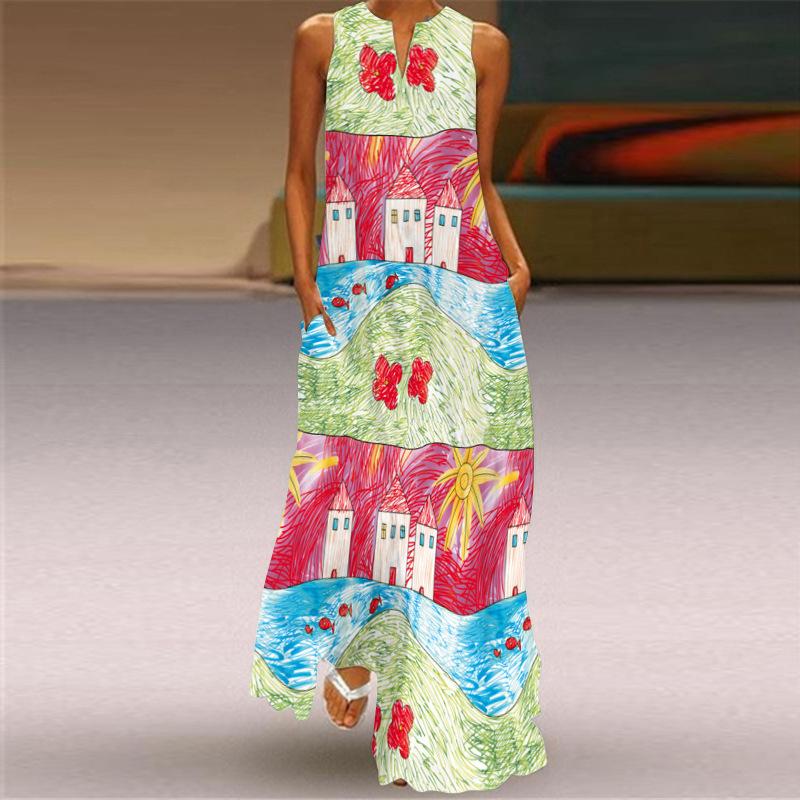 Plus Sizes Print Sleeveless Long Dresses-STYLEGOING