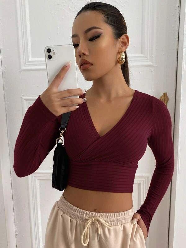 Sexy Deep V Neck Long Sleeves Women Short Tops--Free Shipping at meselling99