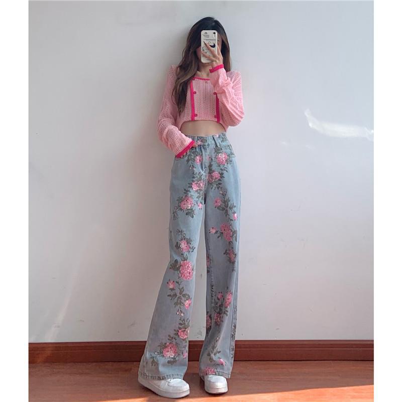 Vintage Rose Designed High Waist Straight Pants for Women