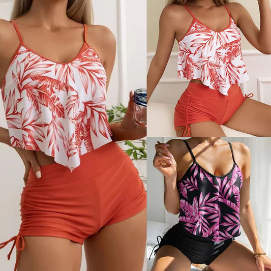 Sexy Leaf Print Two Pieces Women Swimsuits