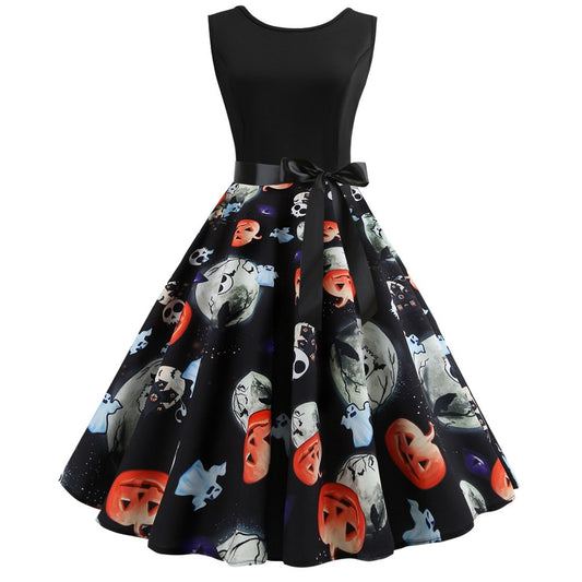 Vintage Pumpkin Skeleton Print Dresses-STYLEGOING