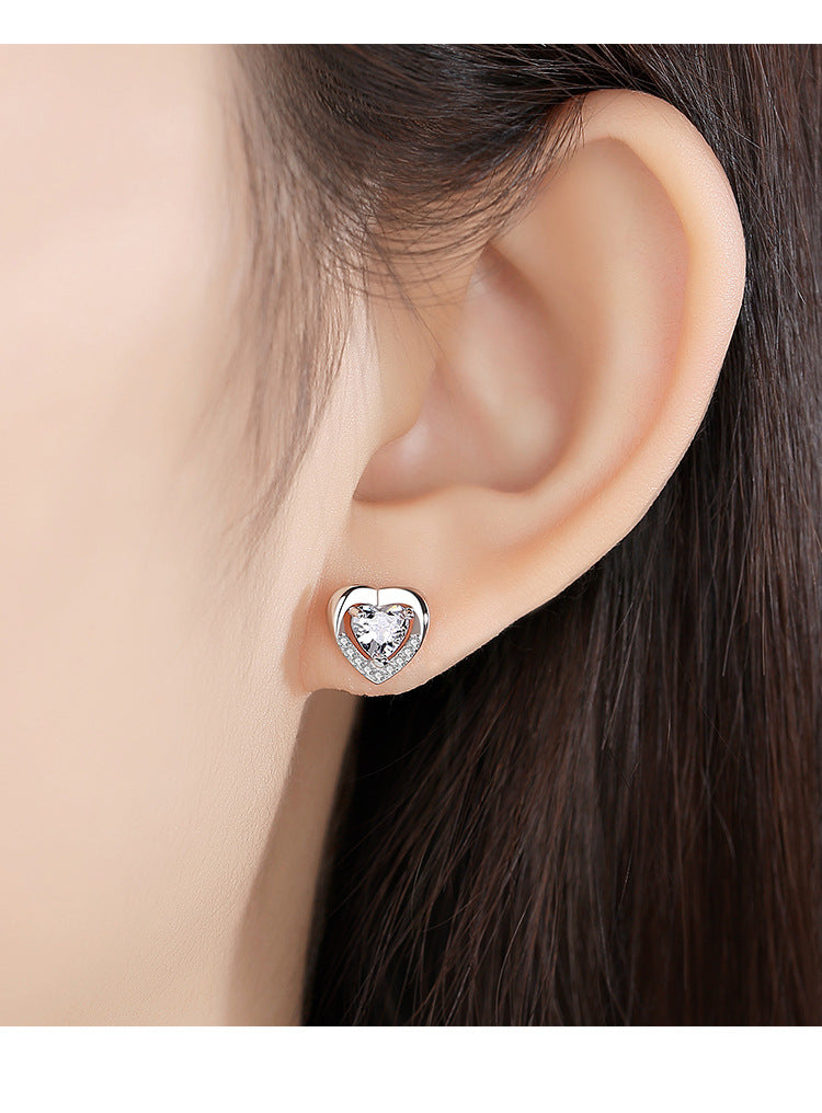 Lovely Heart Shape Zircon Silver Earring Studs