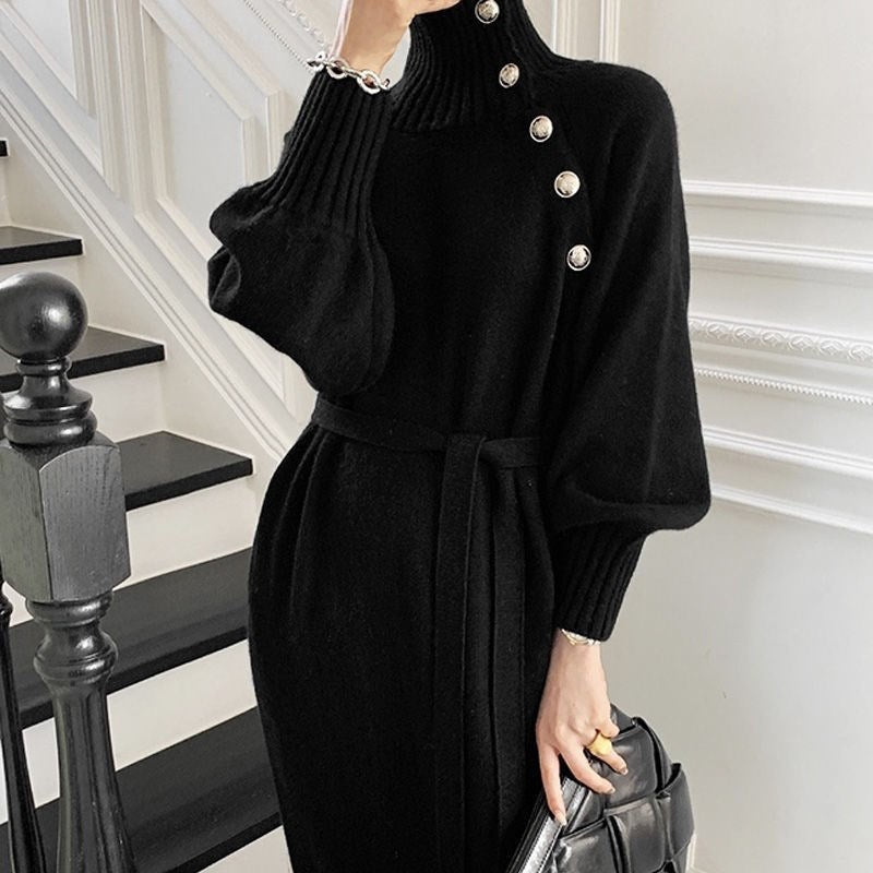 Loose Turtleneck Lace Up Knitted Winter Long Dresses