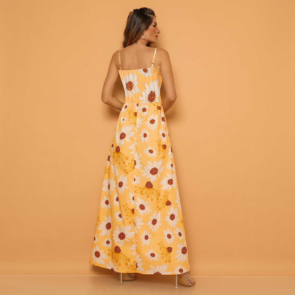 Women Summer High Waist Sunflower Long Maxi Dresses