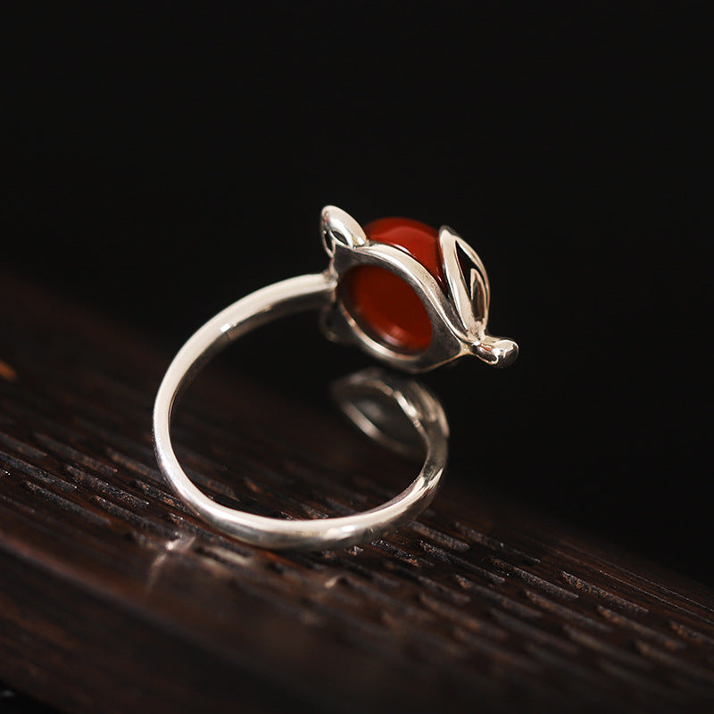 Antique Red Agate Fox Design Sliver Rings for Women