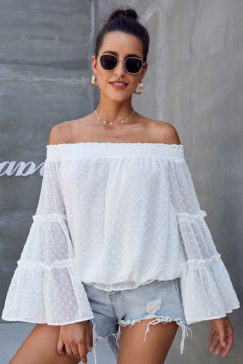 Off The Shoudler Bell Sleeves Chiffon Blouses-STYLEGOING
