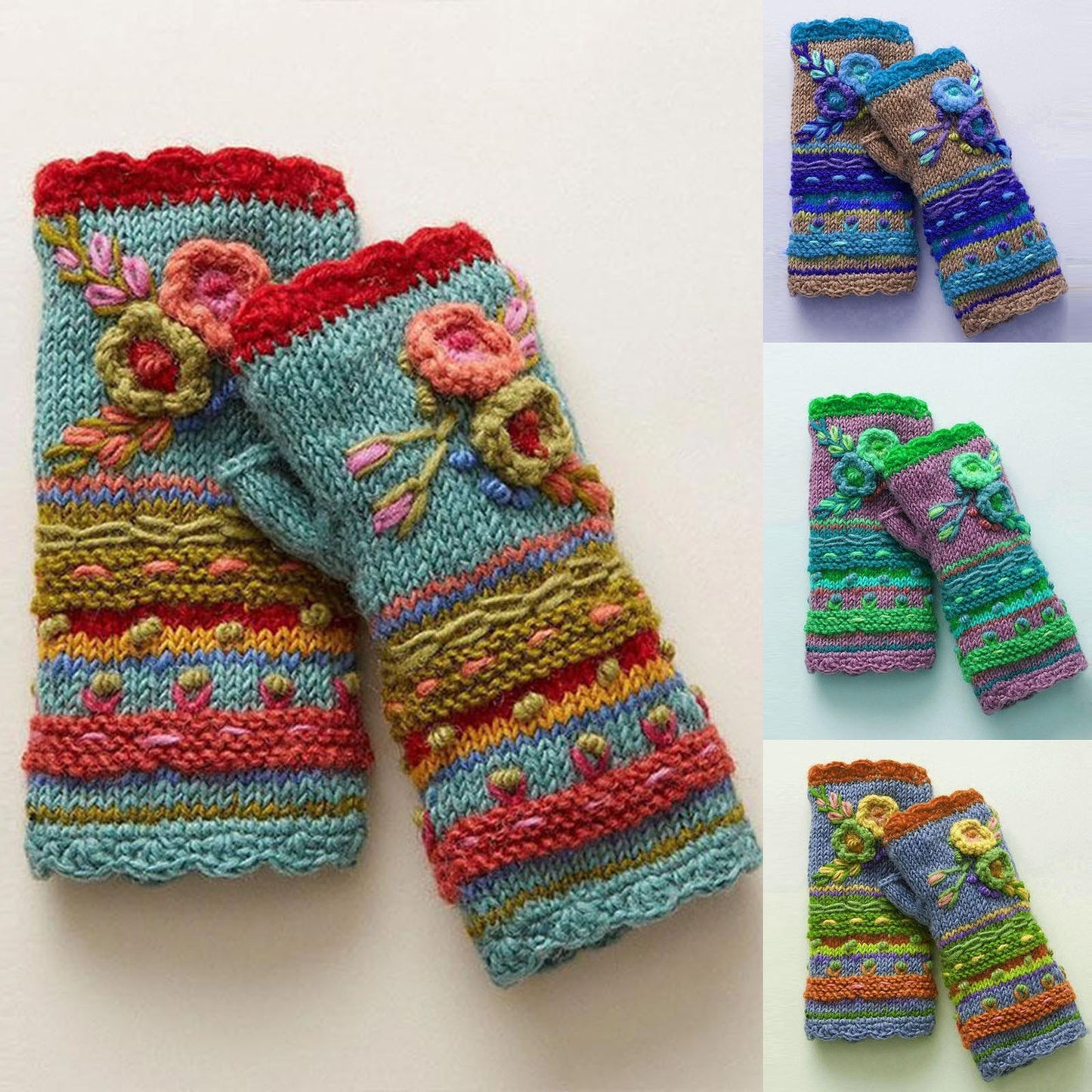Winter Warm Handmade Embroidery Knitted Gloves for Women