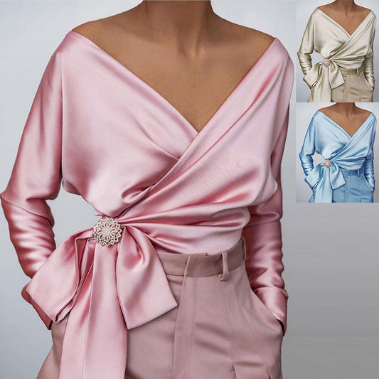 Sexy V Neck Satin Long Sleeves Tops for Women