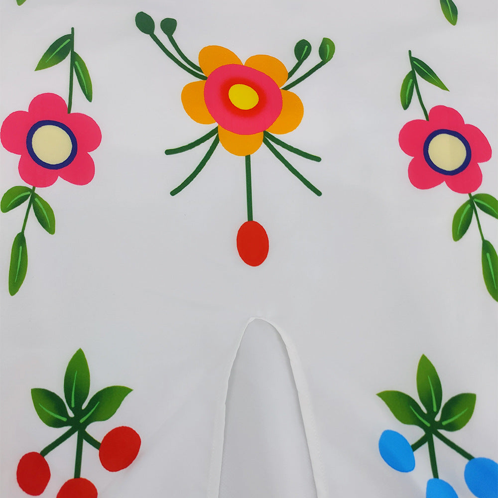 White Floral Print Split Front Boho Long Dresses