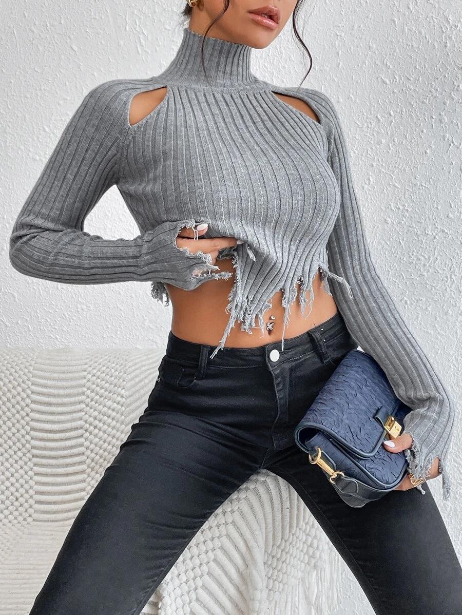Sexy Long Sleeves Turtleneck Middriff Knitted Sweater