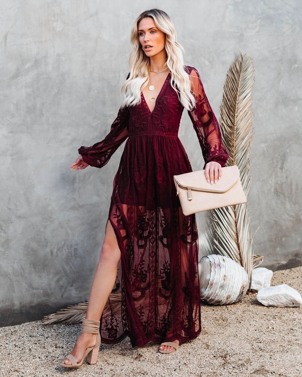 Lace Long Sleeves V Neck Long Dresses-STYLEGOING