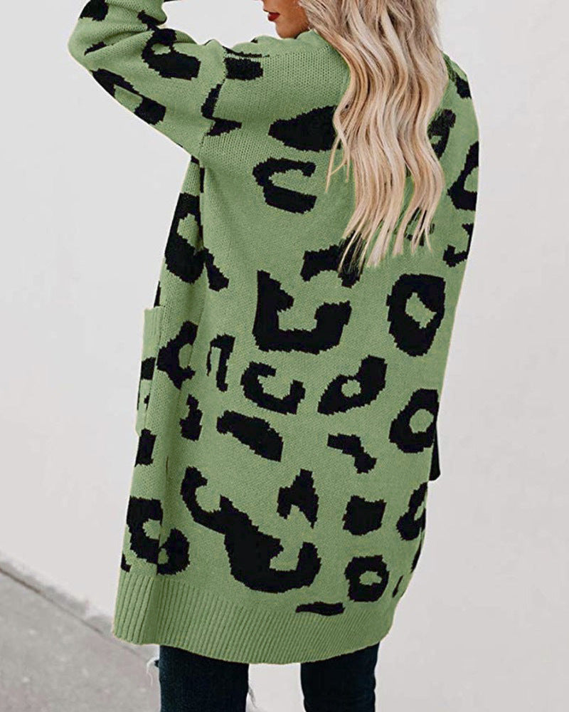 Women Leopard Design Pockets Knitting Cardigans