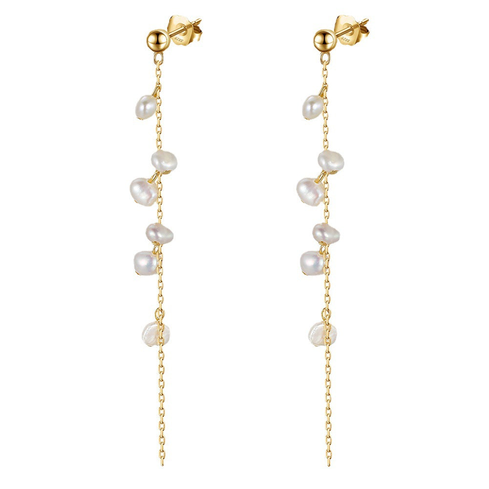 String Beads Pearl Gold Plated Sterling Silver Drop Earrings