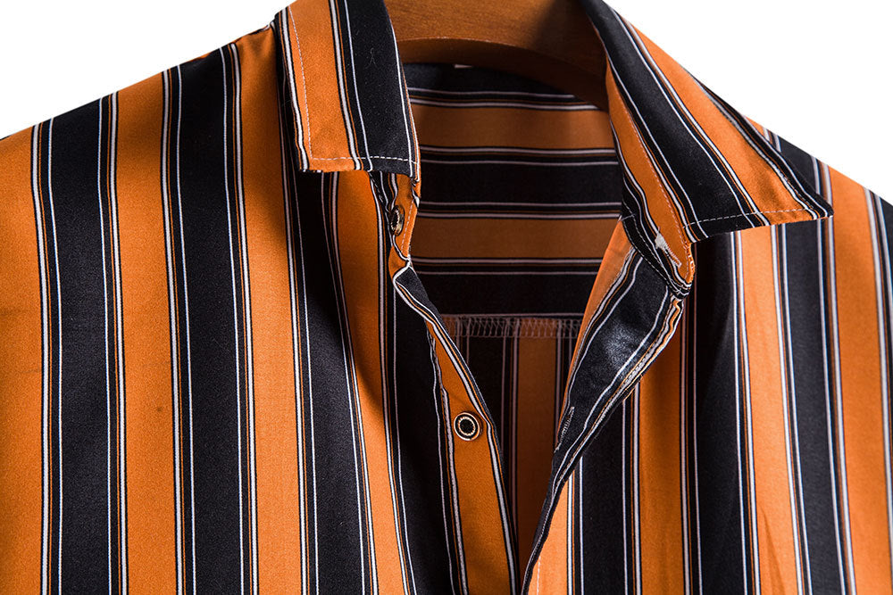 Orange and Black Striped Casual Short Sleeves Shirts for Men