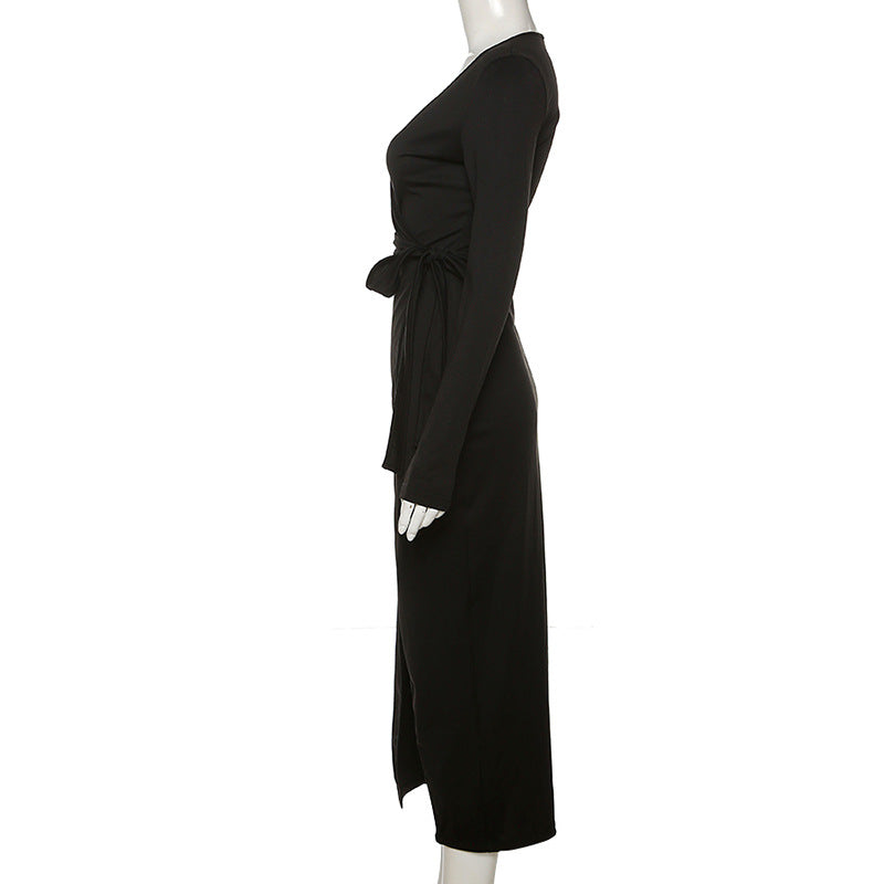 Sexy Black Split Front Long Sleeve Dresses