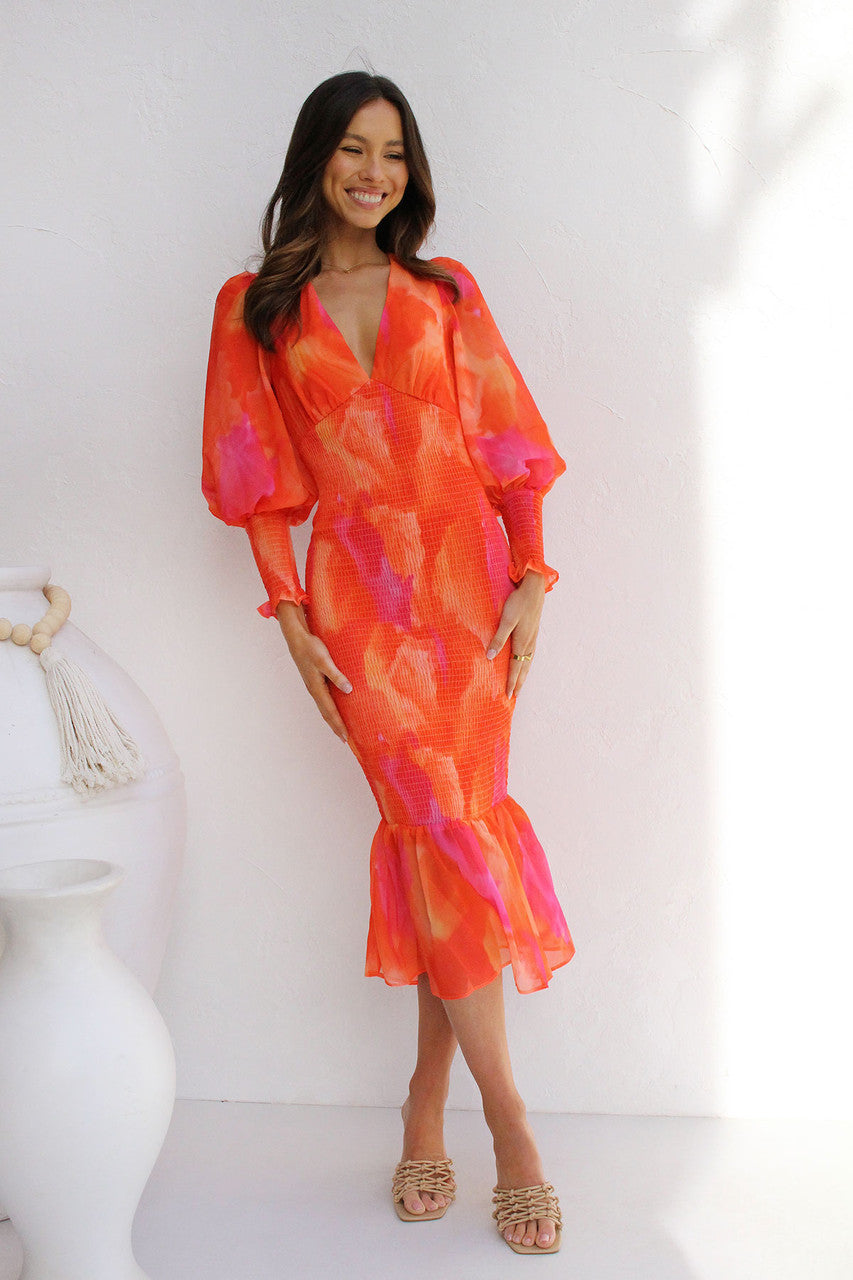 Orange V Neck Long Sleeves Dresses for Women