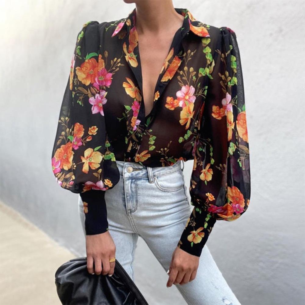 Black Floral Print Long Sleeves T Shirts-STYLEGOING