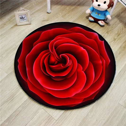 3D Red Rose Round Shaped Water Absorption Decorative Area Rug