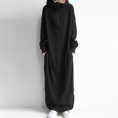 Women Casual Zipper Fall Long Hoody Dresses-STYLEGOING