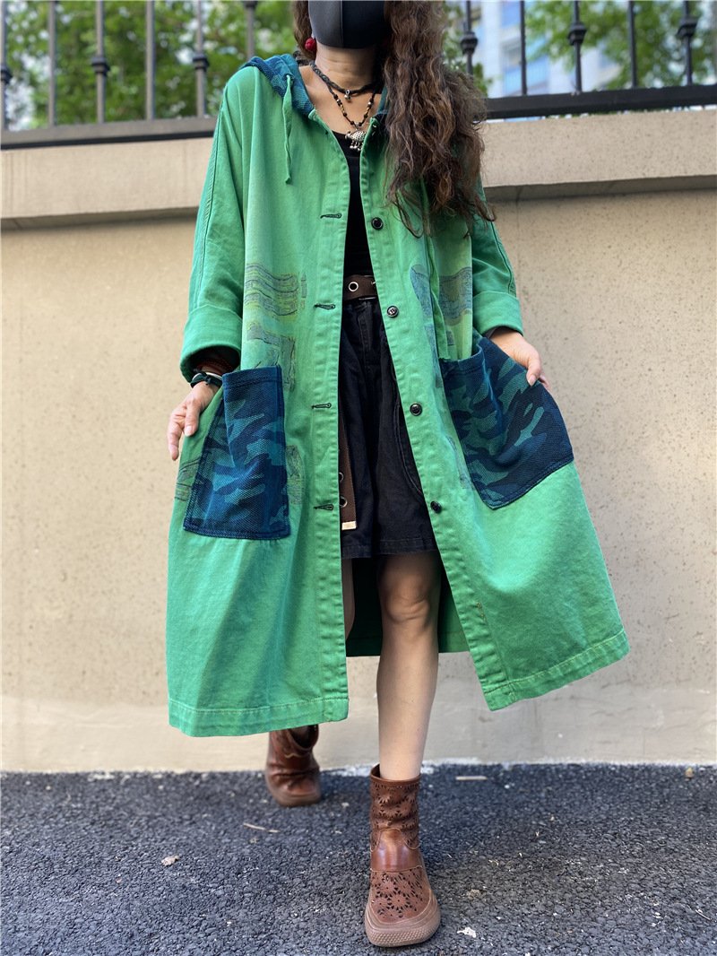 Vintage Plus Sizes Green Long Trenchcoat-STYLEGOING