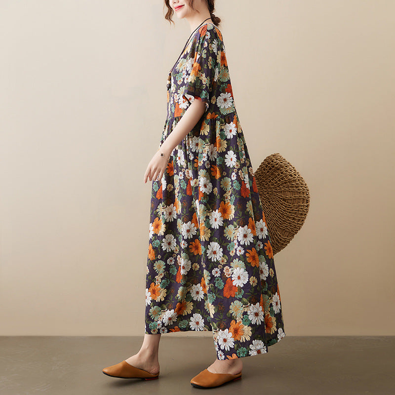 Vintage Flowers Design Summer Short Sleeves Long Cozy Dresses