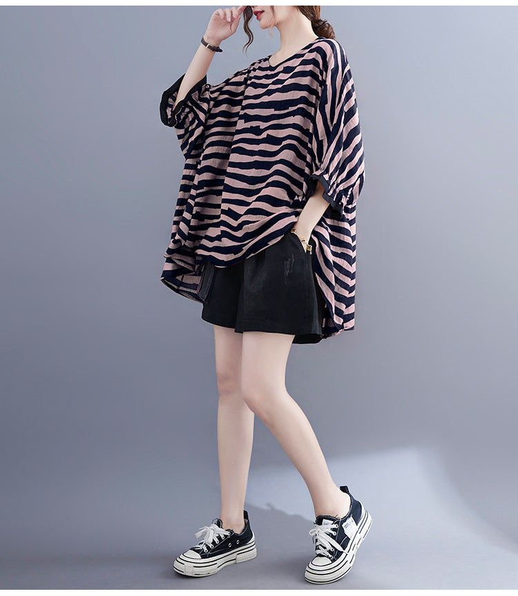 Casual Striped Summer Women Bat T Shirts and Shorts