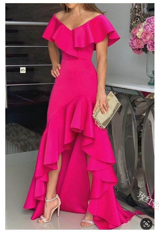 Sexy Classy V Neck Irregular Ruffled Women Long Dresses-Rose Red-S-Free Shipping at meselling99