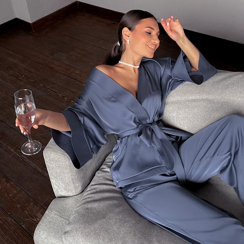 Women Satin Lace Up Fall Sleepwear Suits for Women
