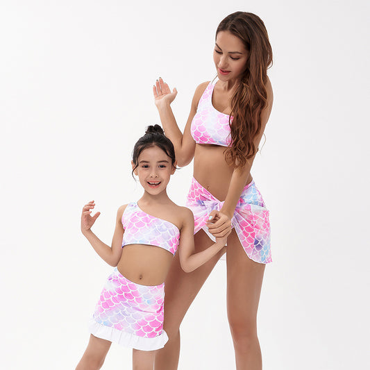 Sexy One Shoulder Mother and Daughter Two Pieces Swimwear