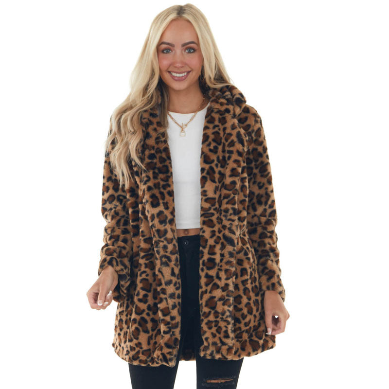 Fashion Leopard Faux Fur Women Overcoat