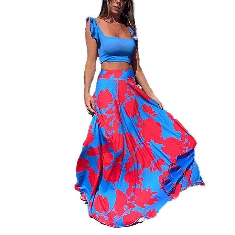 Straps Floral Print Tops&Skirt Sets-STYLEGOING