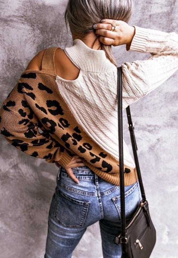 New Leopard High Neck Women Fall Sweaters-STYLEGOING