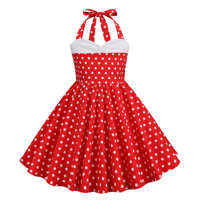 Vintage Dot Print Halter Dresses for Kids