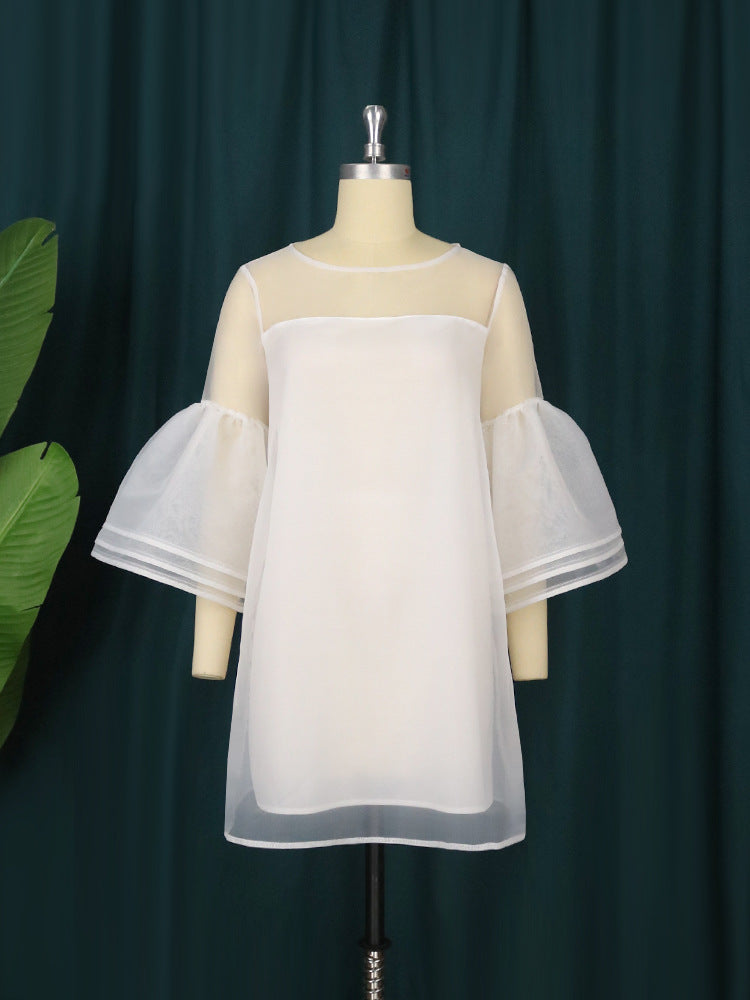 Sweety Tulle See Through Trumpet Sleeves Short White Plus Sizes Dresses