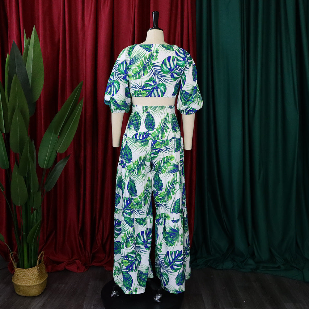 Casual Leaf Print Two Pieces Women Suits
