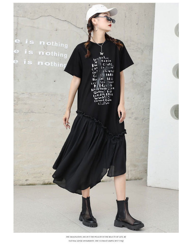 Black Chiffon Irregular Plus Sizes Short Sleeves Dresses