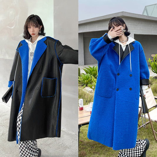 Reversible Leather Fur Thicken Winter Blazer Long Overcoat