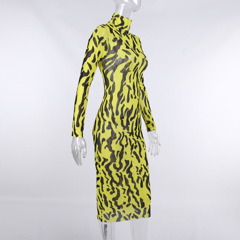 Sexy High Neck Yellow Leopard Long Sleeves Women Dresses