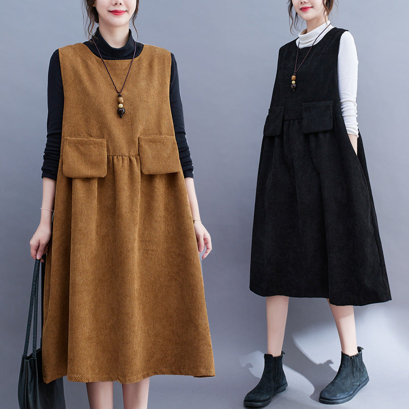 Vintage Corduroy Plus Sizes Fall Long Vest Dresses