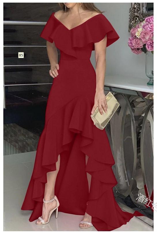 Sexy Classy V Neck Irregular Ruffled Women Long Dresses-Wine Red-S-Free Shipping at meselling99