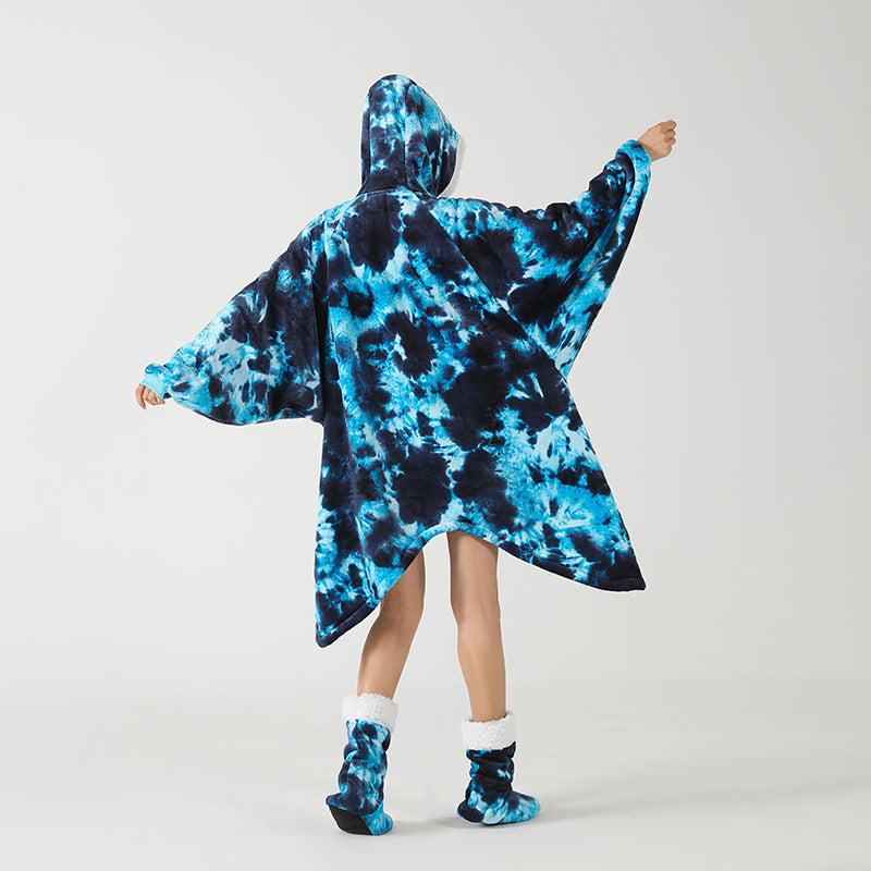 Dyed Lazy Wearable Fleece Throw Blanket Cape with Socks