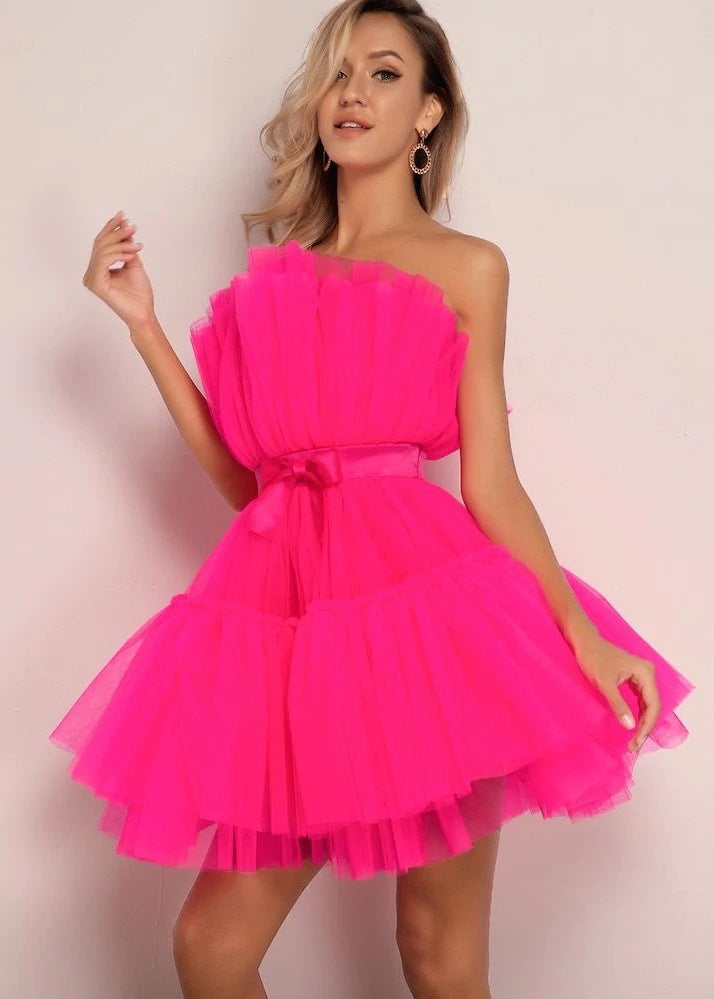 Sexy Strapless Tulle Bowknot Ball Gown Pary Dresses