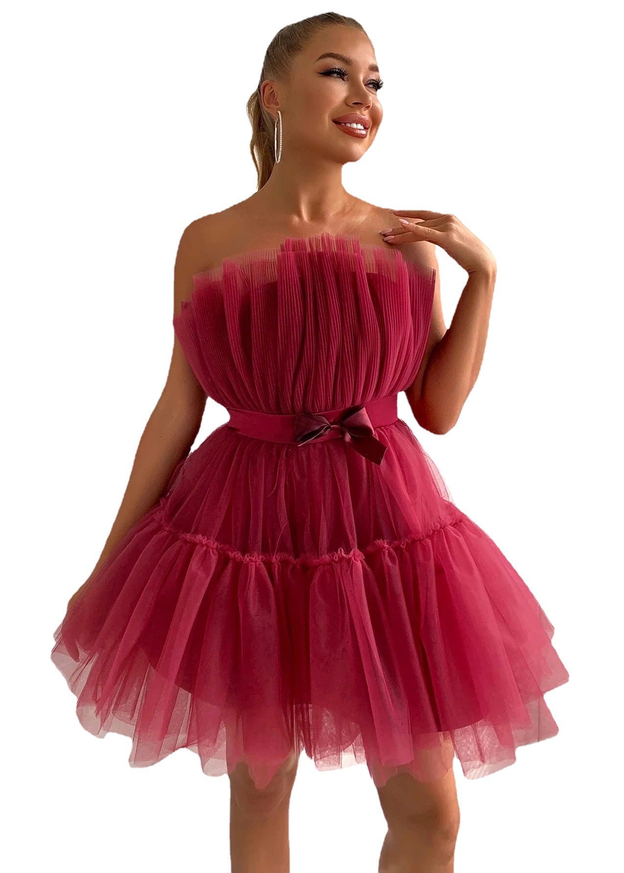 Sexy Strapless Tulle Bowknot Ball Gown Pary Dresses