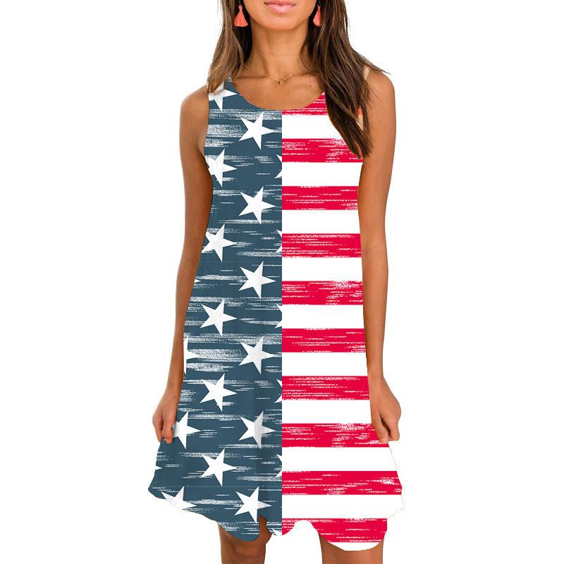 Summer Round Neck Sleeveless Flag Design Short Dresses-STYLEGOING