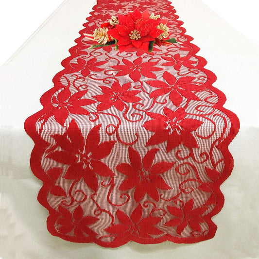 Merry Christmas Red Floral Lace Table Runner