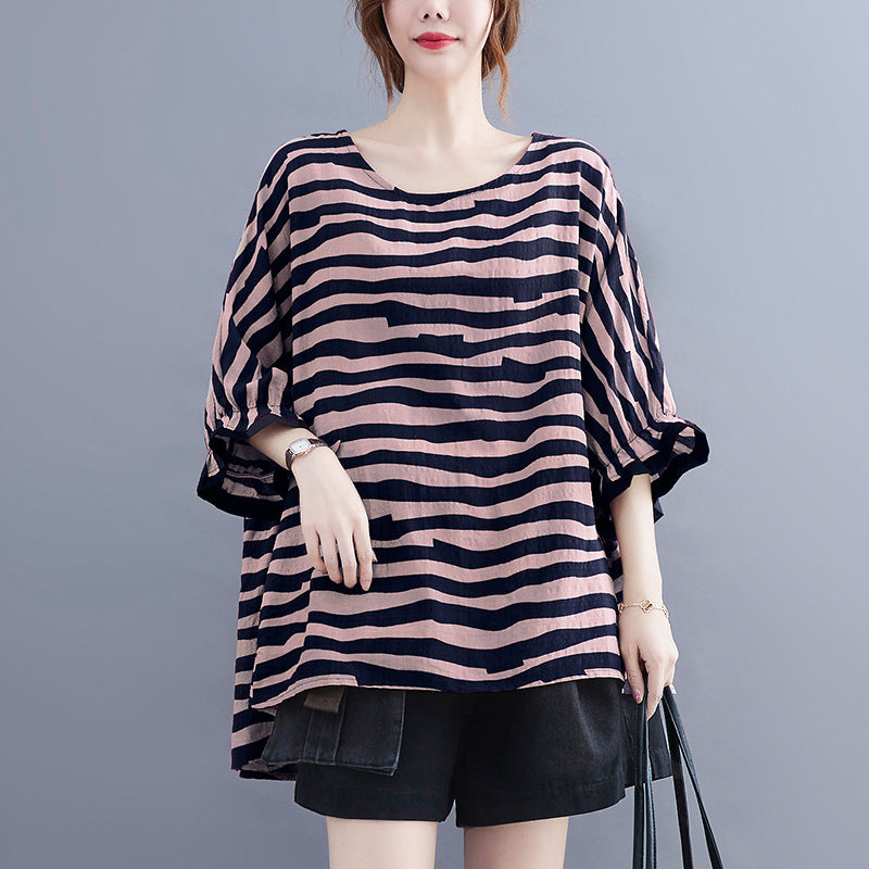 Casual Striped Summer Women Bat T Shirts and Shorts